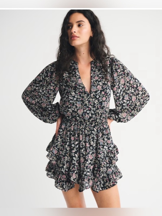 Abercrombie & Fitch Dresses & Skirts - NWT Abercrombie & Fitch Long-Sleeve L whimsigoth  Ruffle Mini Dress Black Floral